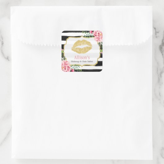 メイクアップアーティスト金ゴールドリップ赤面ピンクフローラストライプ スクエアシール (バッグ)