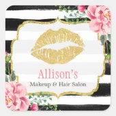 メイクアップアーティスト金ゴールドリップ赤面ピンクフローラストライプ スクエアシール (正面)