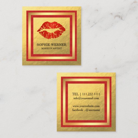 メイクアップアーティスト金ゴールドレッドリップ赤面 スクエア名刺 (正面/裏面)