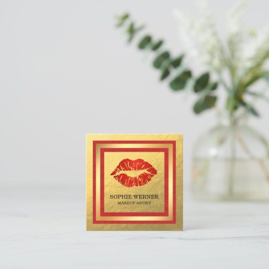 メイクアップアーティスト金ゴールドレッドリップ赤面 スクエア名刺 (スタンド正面)
