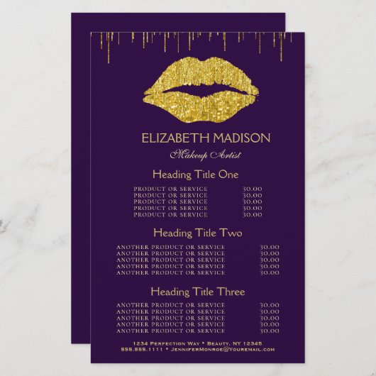 メイクアップアーティスト金ゴールドGlam Lipsサービスと価格 (正面/裏面)