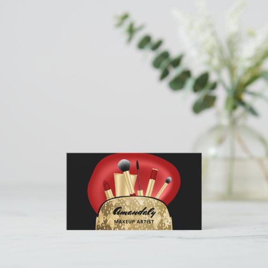メイクアップアーティスト金ゴールドQRコードロゴブラシレッドブシン 名刺 (スタンド正面)