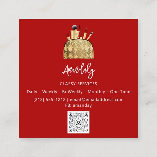 メイクアップアーティスト金ゴールドQRCodeロゴEyeshadow Red スクエア名刺 (裏面)