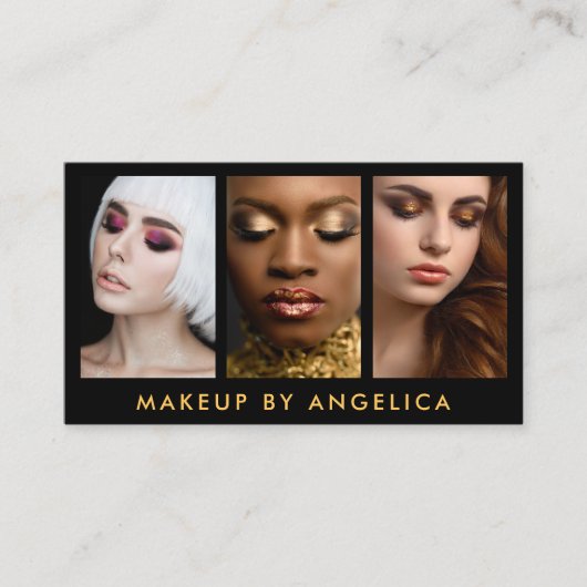 メイクアップアーティスト3フォト金ゴールド 名刺 (正面)