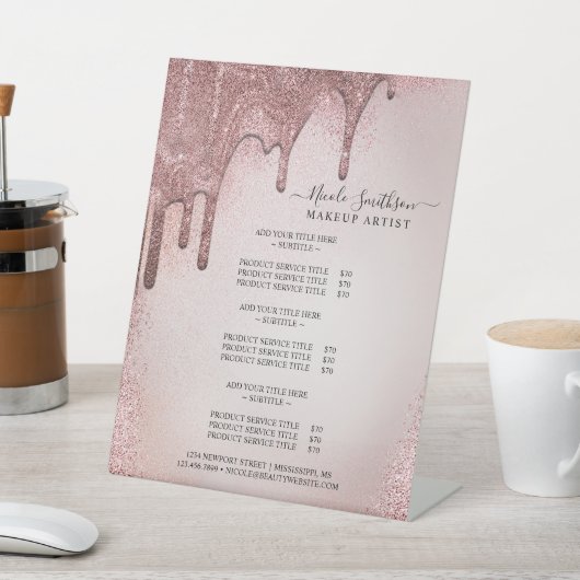 メイクアップアーティスト ローズゴールド グリッター グラム サービスリスト 台座サイン (インサイチュ)