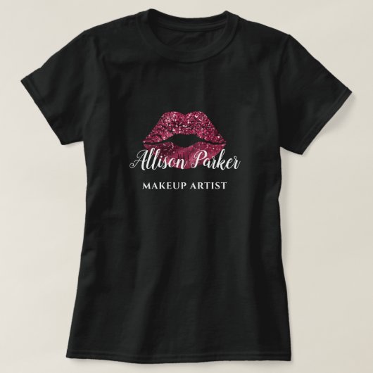 メイクアップアーティスト 赤いラメ ロゴ キス 名前 Tシャツ (デザイン正面)