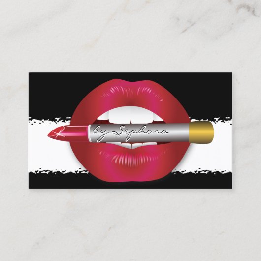 メイクアップアーティスト 赤い唇 引き裂かれた紙のデザイン 名刺 (正面)