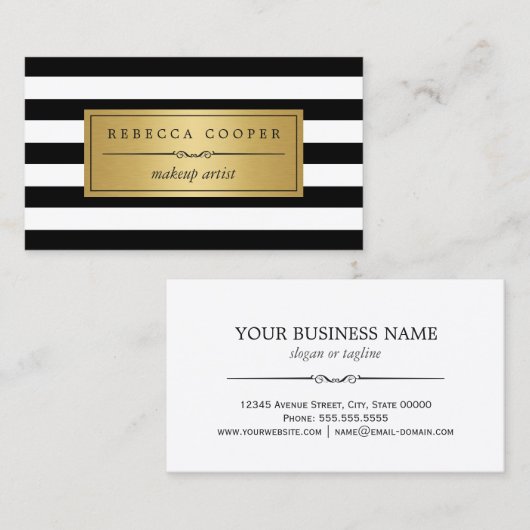 メイクアップアーティスト – 金ゴールド白黒ストライプ 名刺 (正面/裏面)