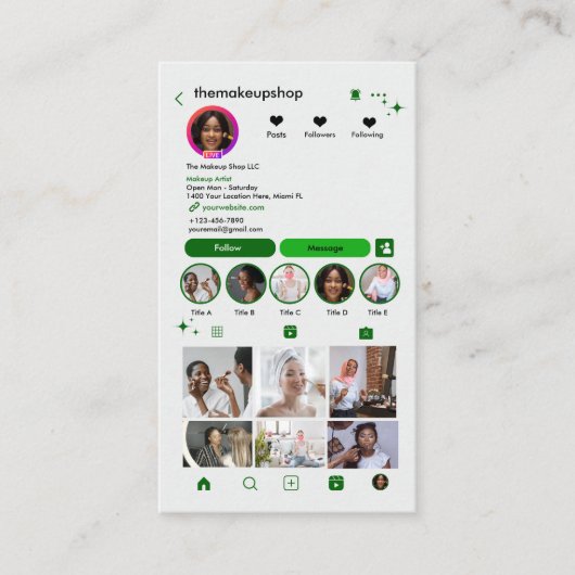 メイクアップアーティスト Instagram グリーン | QRコード 名刺 (正面)