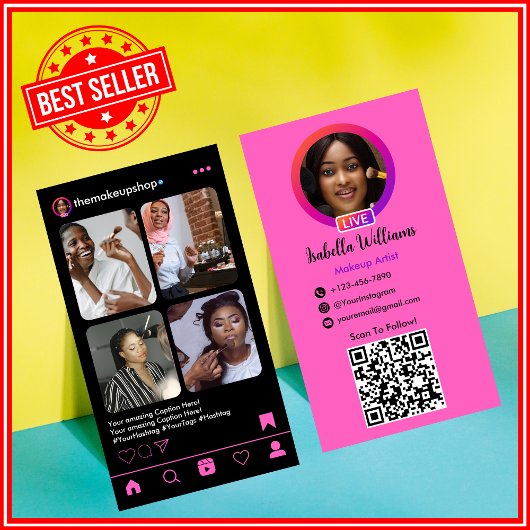 メイクアップアーティストInstagram POSTピンクQRコード 名刺