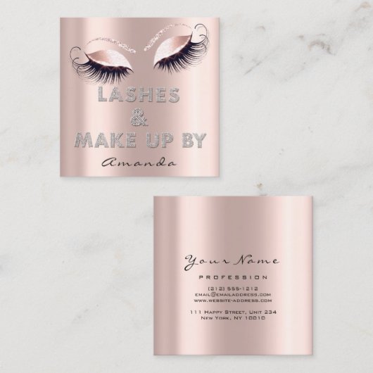 メイクアップアーティストLash Extensionダイヤモンドピンクのローズグラム スクエア名刺 (正面/裏面)