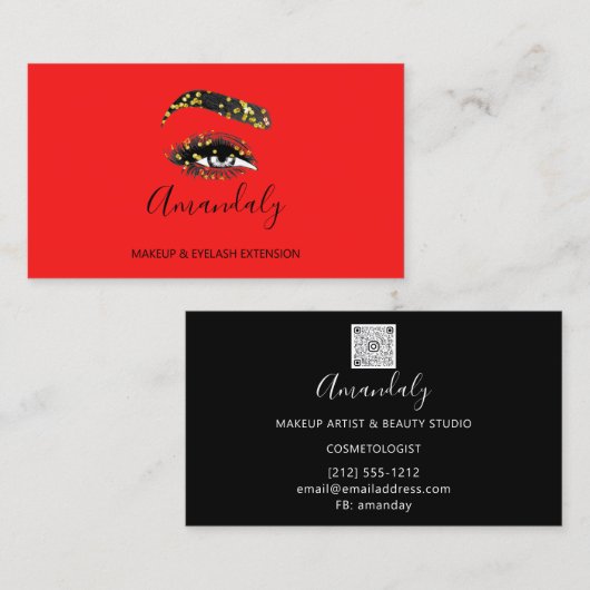 メイクアップアーティストLash FriseurロゴQRコード赤黒 名刺 (正面/裏面)