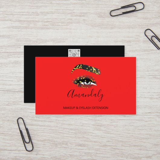 メイクアップアーティストLash FriseurロゴQRコード赤黒 名刺 (正面/裏面インサイチュ)
