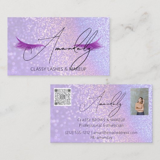 メイクアップアーティストLash QRロゴ写真グリッターViolet 名刺 (正面/裏面)