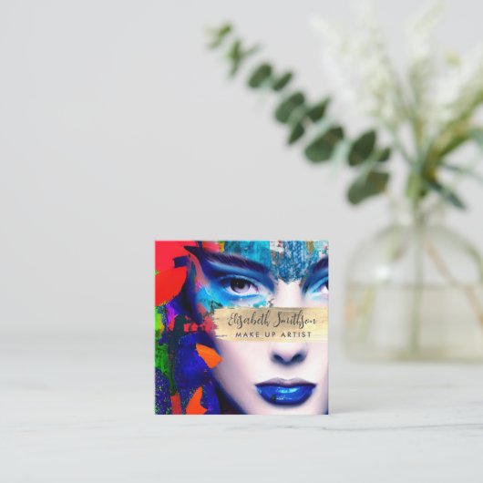 メイクアップアーティストQRコードとソーシャルメディアの追加カラフル スクエア名刺 (スタンド正面)