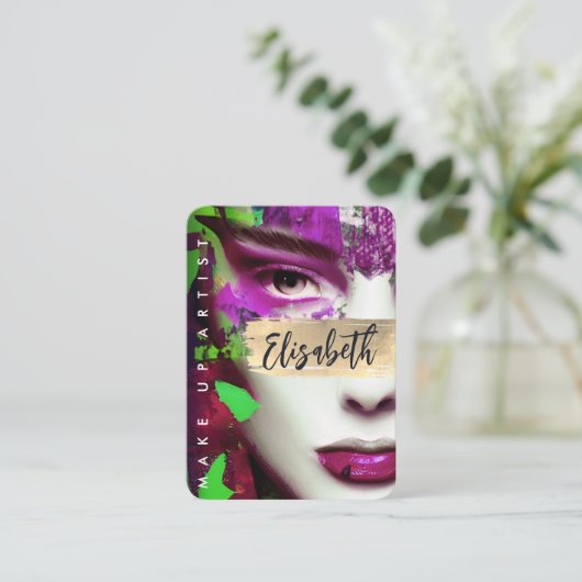 メイクアップアーティストQRコードとソーシャルメディアの追加カラフル 名刺 (スタンド正面)