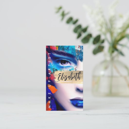 メイクアップアーティストQRコードとソーシャルメディアの追加カラフル 名刺 (スタンド正面)