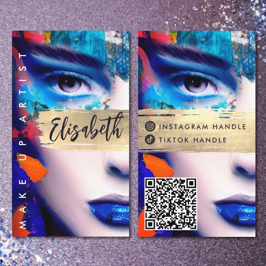 メイクアップアーティストQRコードとソーシャルメディアの追加カラフル 名刺