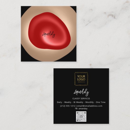 メイクアップアーティストQRコードロゴ赤黒爪、 ネイル モダン スクエア名刺 (正面/裏面)