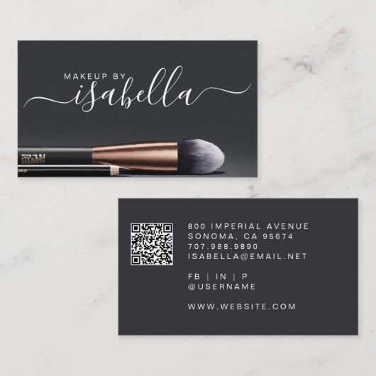 メイクアップアーティストQRコード木炭ブラック 名刺 (正面/裏面)