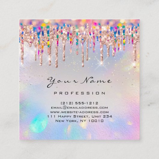 メイクアップアーティストUnicorn Rainbow Holigraph Drips スクエア名刺 (裏面)
