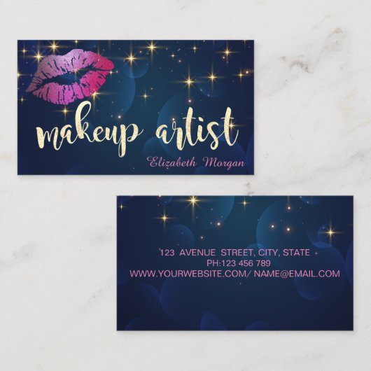 メイクアップアーティスモダントきらびやかな唇がネイビーブルーを星 名刺 (正面/裏面)