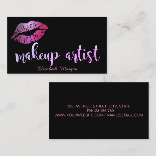 メイクアップアーティスモダントきらびやかな唇(黒) 名刺 (正面/裏面)