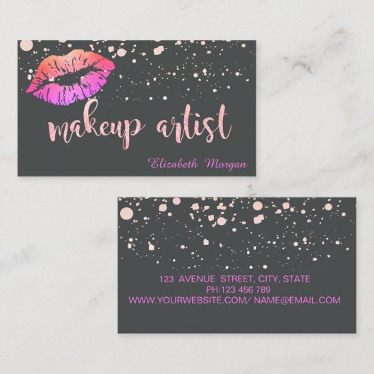 メイクアップアーティスモダントのキラキラした唇の点 名刺 (正面/裏面)