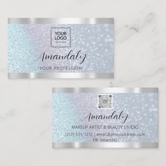 メイクアップエステティシャンラッシュ爪、 ネイルQRCodeロゴシルバー 名刺 (正面/裏面)