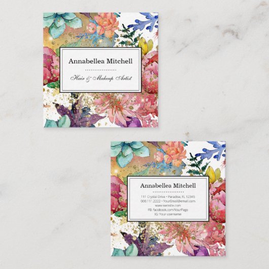 メイクアップエレガントアーティストヘアサロンフラワーズグリッター スクエア名刺 (正面/裏面)