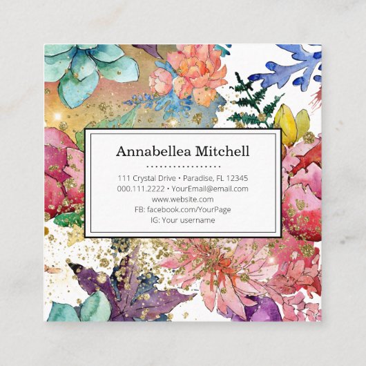メイクアップエレガントアーティストヘアサロンフラワーズグリッター スクエア名刺 (裏面)