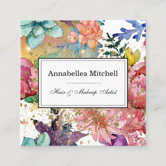 メイクアップエレガントアーティストヘアサロンフラワーズグリッター スクエア名刺 (正面)