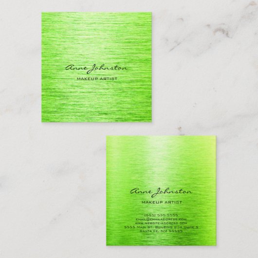 メイクアップエレガントアーティストLime Green Brushed Metal スクエア名刺 (正面/裏面)