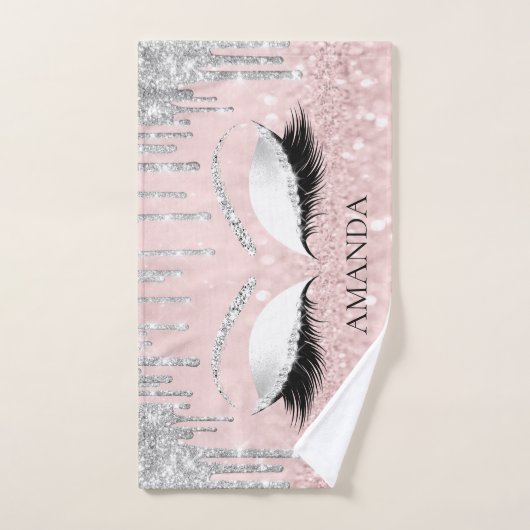 メイクアップグリッターアイズドリップスシルバーピンク名前をカスタムする ハンドタオル (ハンドタオル)