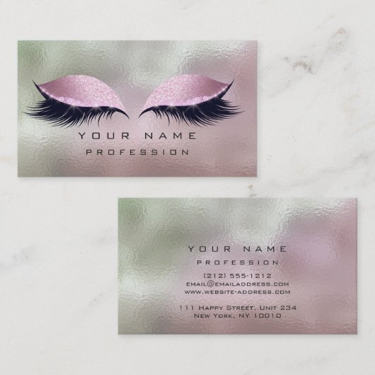 メイクアップシルバーミントピンクガラス目まぶしグリッター 名刺 (正面/裏面)