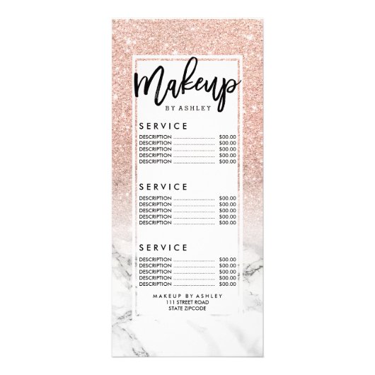 メイクアップタイポグラフィピンクグリッター大理石価格表 ラックカード (正面)