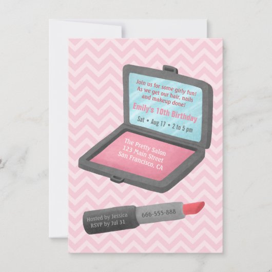 メイクアップパウダー&口紅ガールズバースデーパーティー 招待状 (正面)