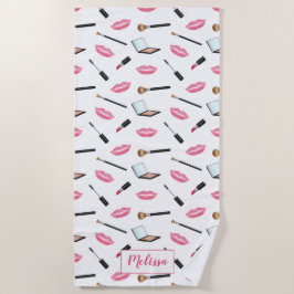 メイクアップパターン及びピンクリップ付名前をカスタムする ビーチタオル