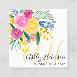 メイクアップピンクフローラ水彩文字モノグラム スクエア名刺