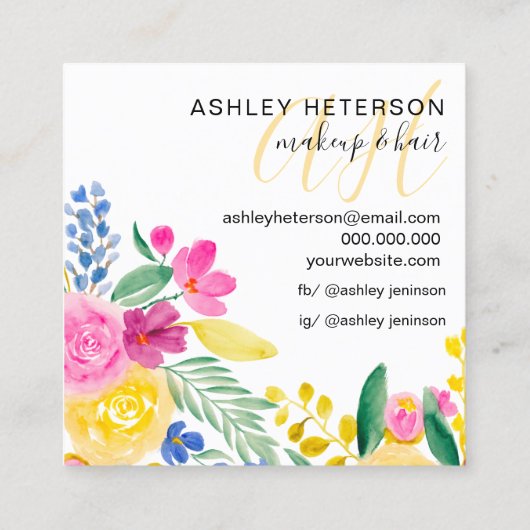 メイクアップピンクフローラ水彩文字モノグラム スクエア名刺 (裏面)