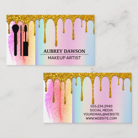 メイクアップブラシ |レインボーブレンド |金ゴールドグリッター 名刺 (正面/裏面)
