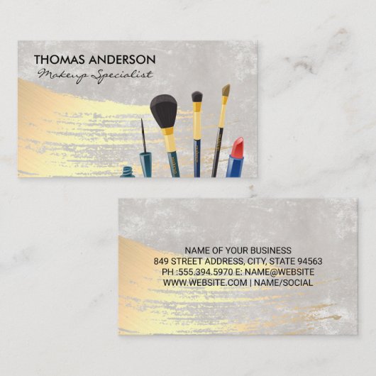 メイクアップブラシ |金ゴールドブラシ付き背景 名刺 (正面/裏面)