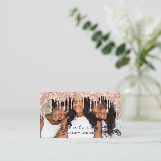 メイクアップブロガーMUAの点字グリッタードリップバラ写真 名刺 (スタンド正面)