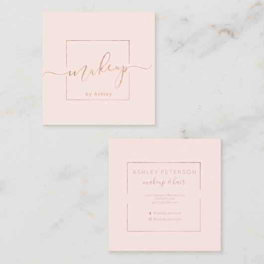メイクアッププリメイドロゴモダン赤面ピンクミニマリスト スクエア名刺 (正面/裏面)