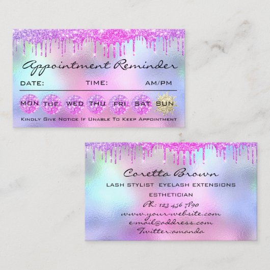 メイクアップヘアアポイントメントリマインダーピンクドリップ 名刺 (正面/裏面)