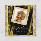 メイクアップヘアカスタムフォトQRコードブラック金ゴールドユニーク スクエア名刺 (正面)