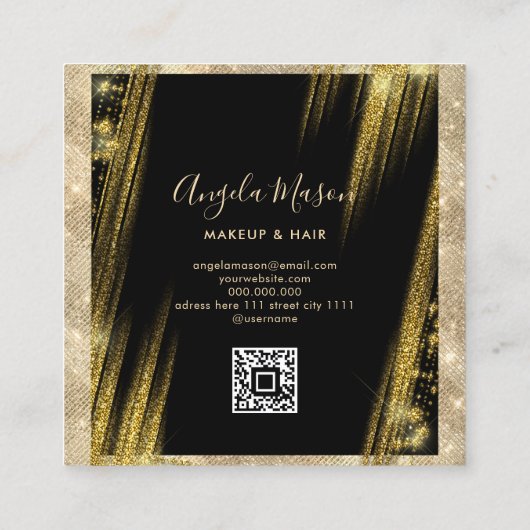 メイクアップヘアカスタムフォトQRコードブラック金ゴールドユニーク スクエア名刺 (裏面)