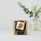 メイクアップヘアカスタムフォトQRコードブラック金ゴールドユニーク スクエア名刺 (スタンド正面)