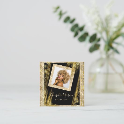 メイクアップヘアカスタムフォトQRコードブラック金ゴールドユニーク スクエア名刺 (スタンド正面)