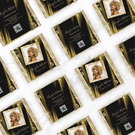 メイクアップヘアカスタムフォトQRコードブラック金ゴールドユニーク スクエア名刺